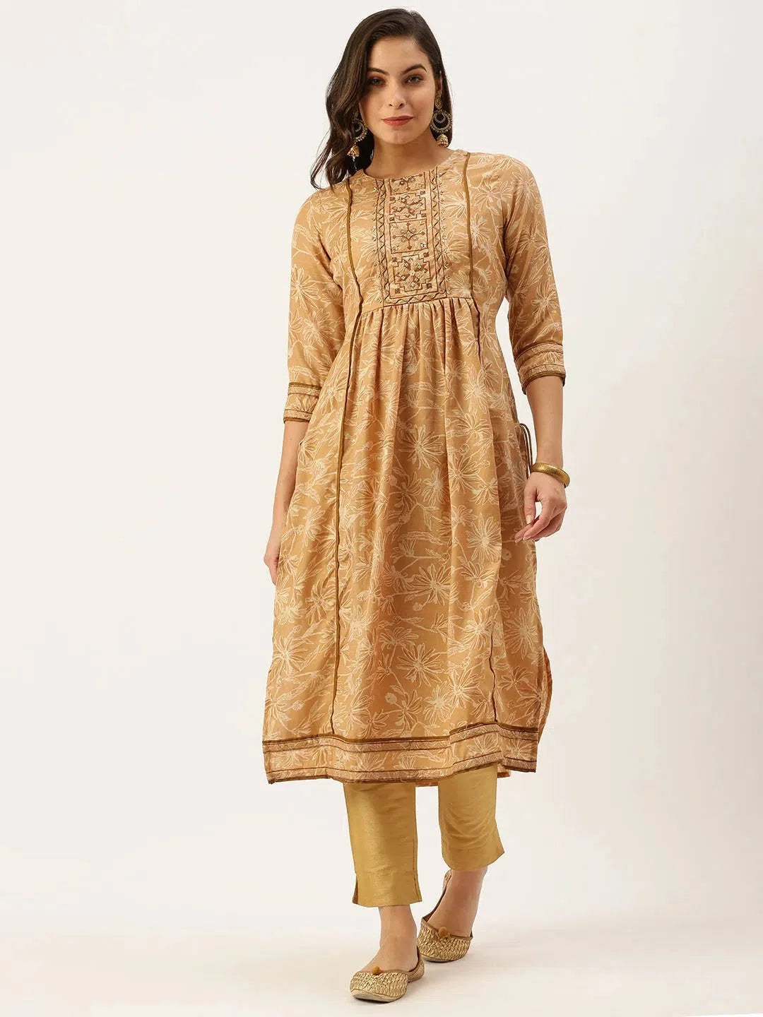 Beige Printed A-Line Cotton Kurtas | Indian Kurta Designs