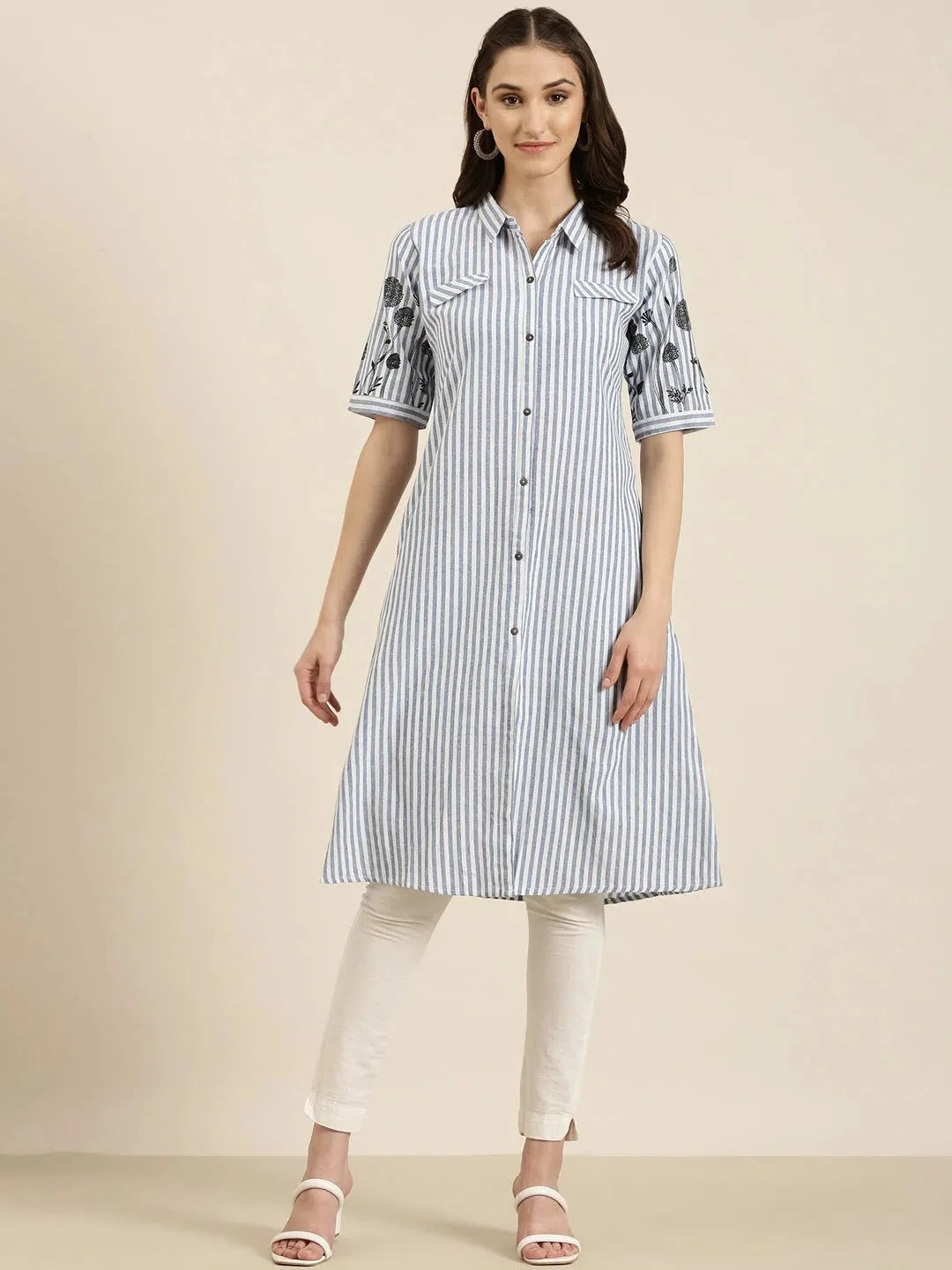 Blue Striped Indian Kurta - Comfortable Cotton Kurtas for Women