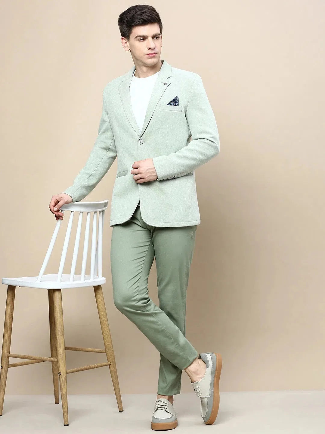 Green Solid Casual Blazer | Men's Nehru Collar - DesiQlo