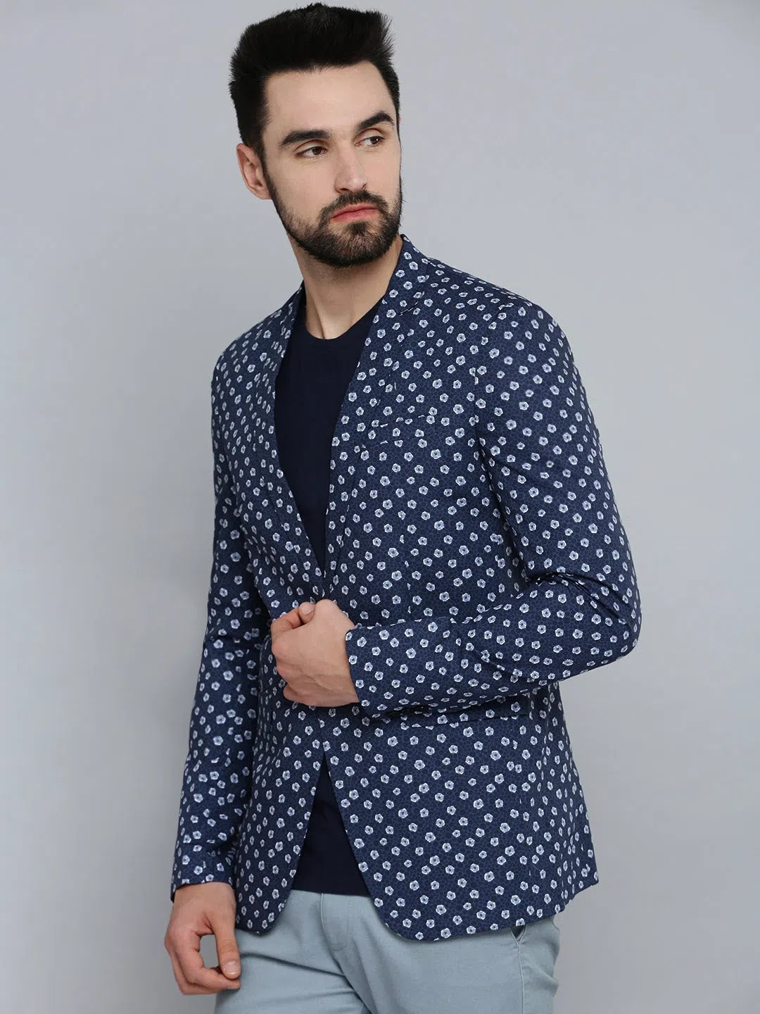 Men's Blue Printed Blazer - Modern Nehru Collar Style