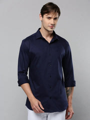 Men Navy Solid Casual Shirt-SAATVIKKNITS-4445-Navyblue