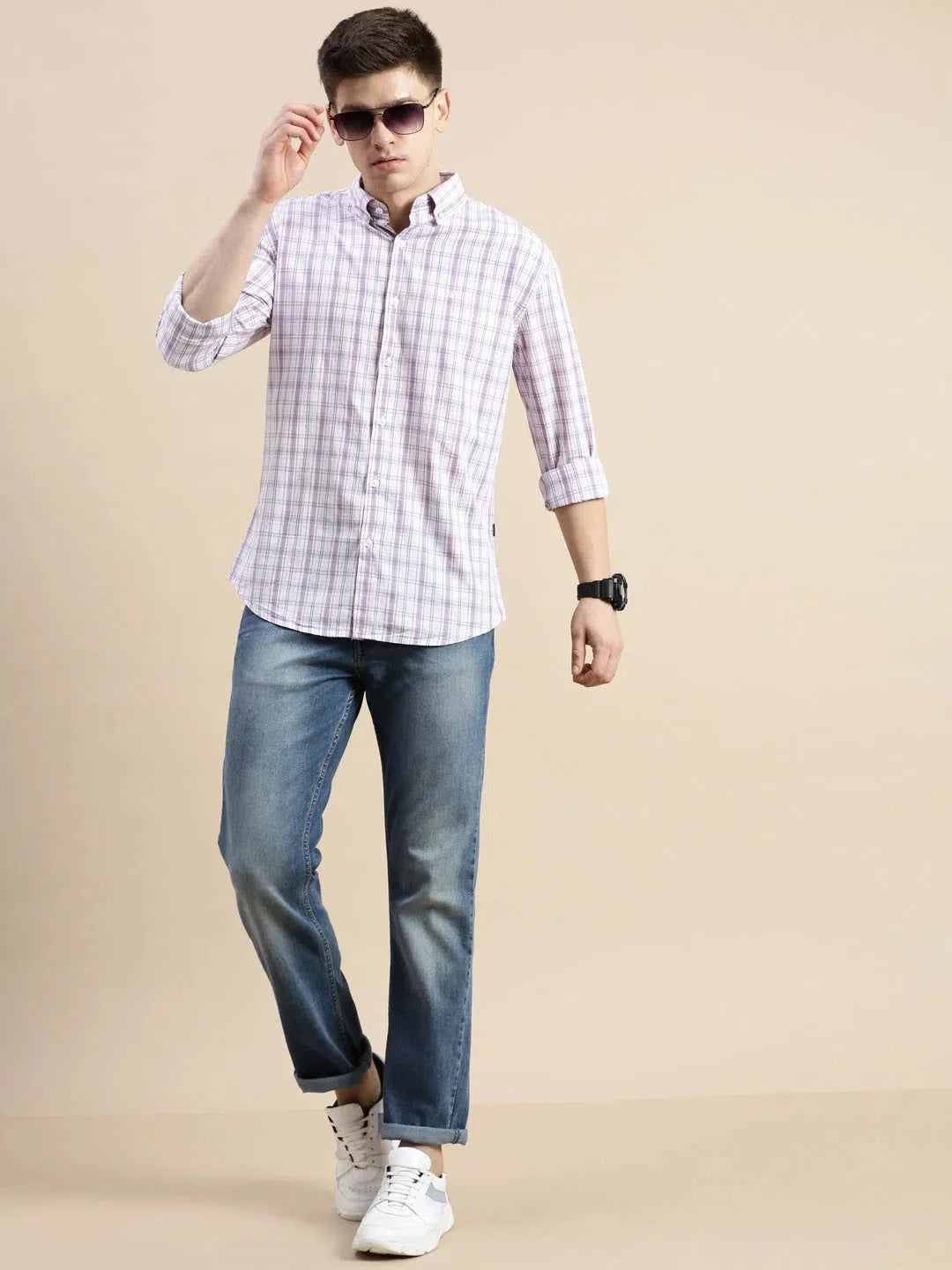Men's Cream Checked Cotton Shirt - Casual Mens Shirt