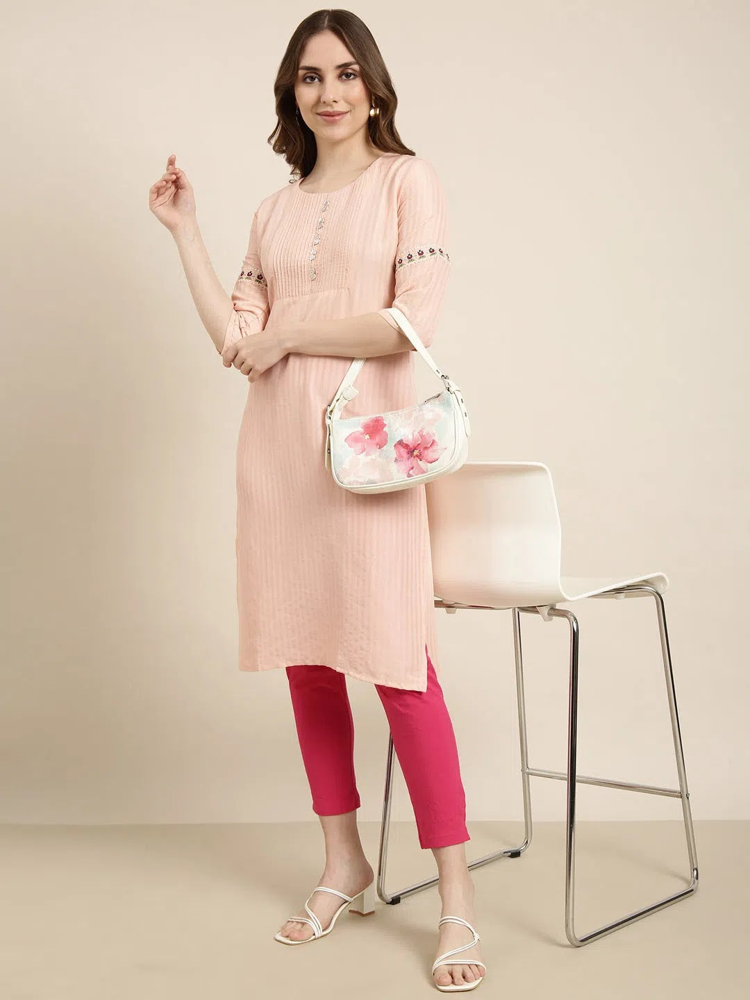 Women Straight Peach Striped Kurta-DF-1663-Peach