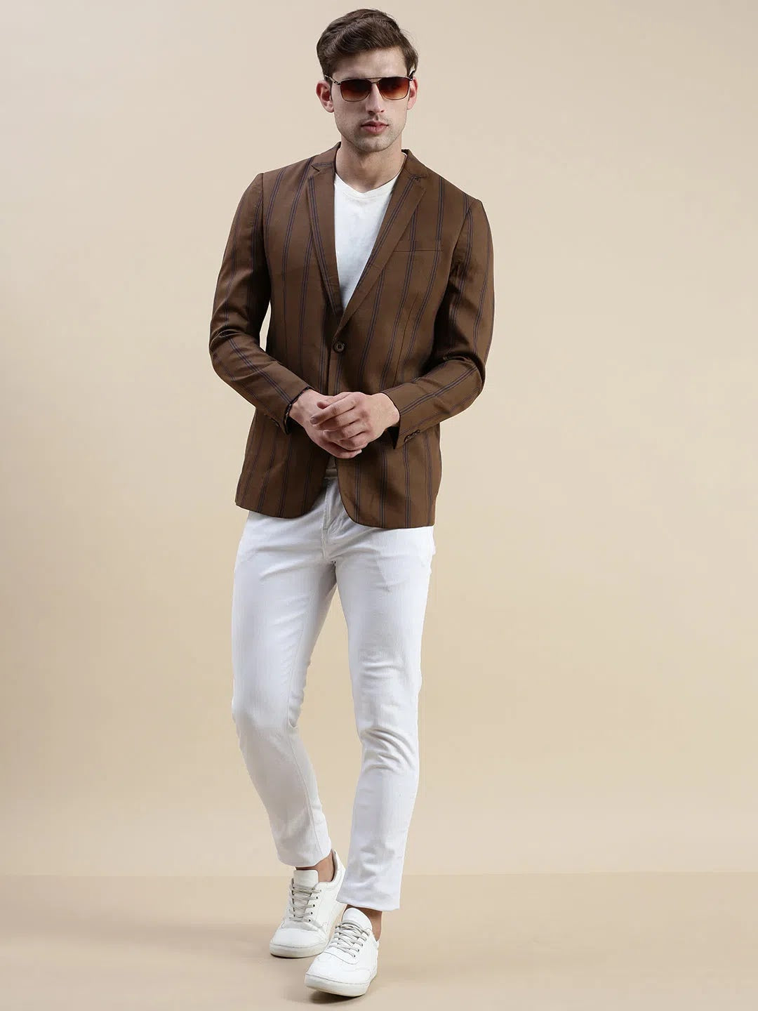 Brown Striped Casual Blazer | Men's Ethnic Wear DesiQlo