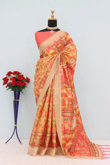 Mysore Silk Digital Print Orange Saree With Unstiched Blouse Piece-MPHMS-14-ORANGE