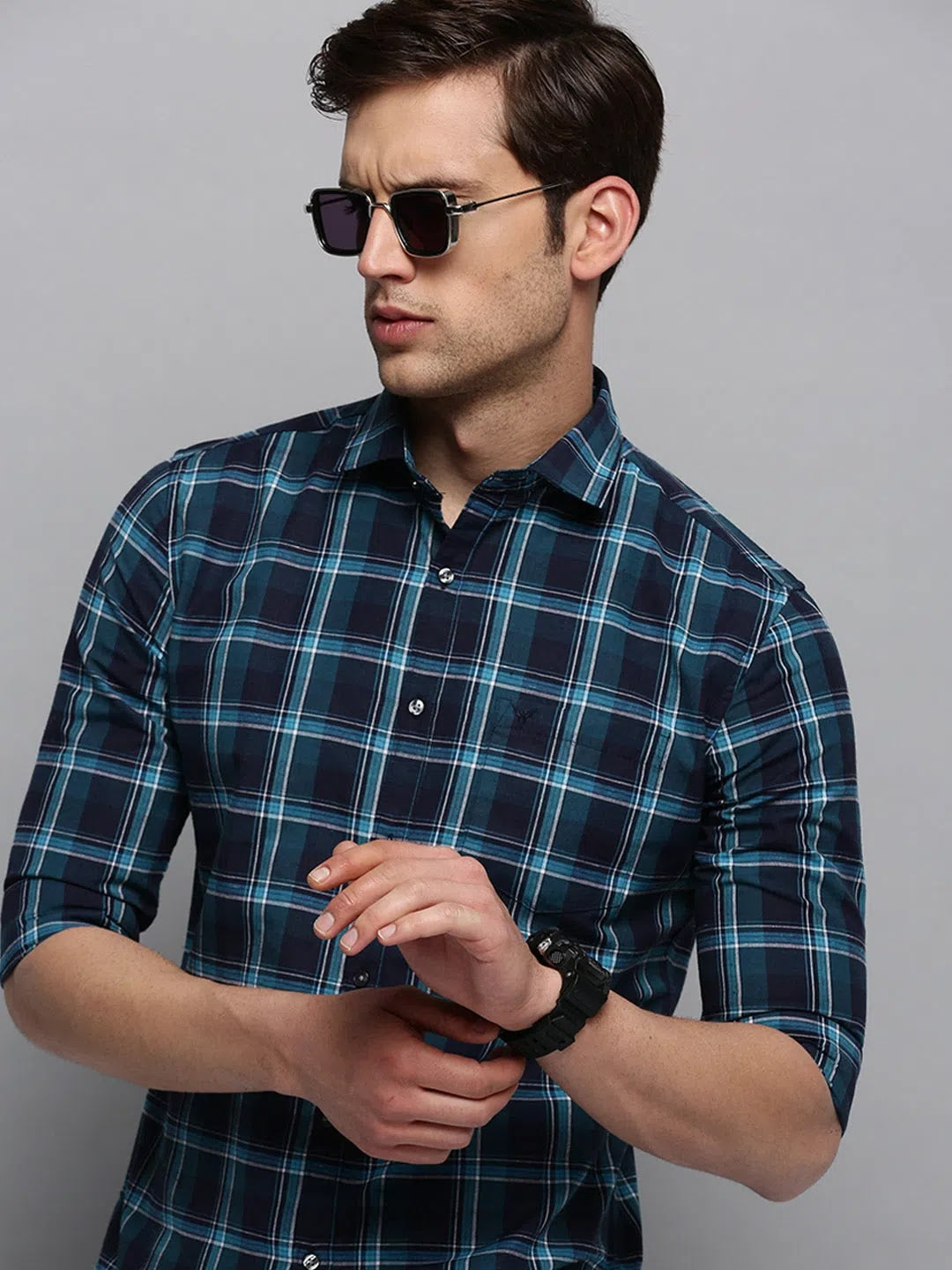 Men's Navy Checked Cotton Casual Shirt