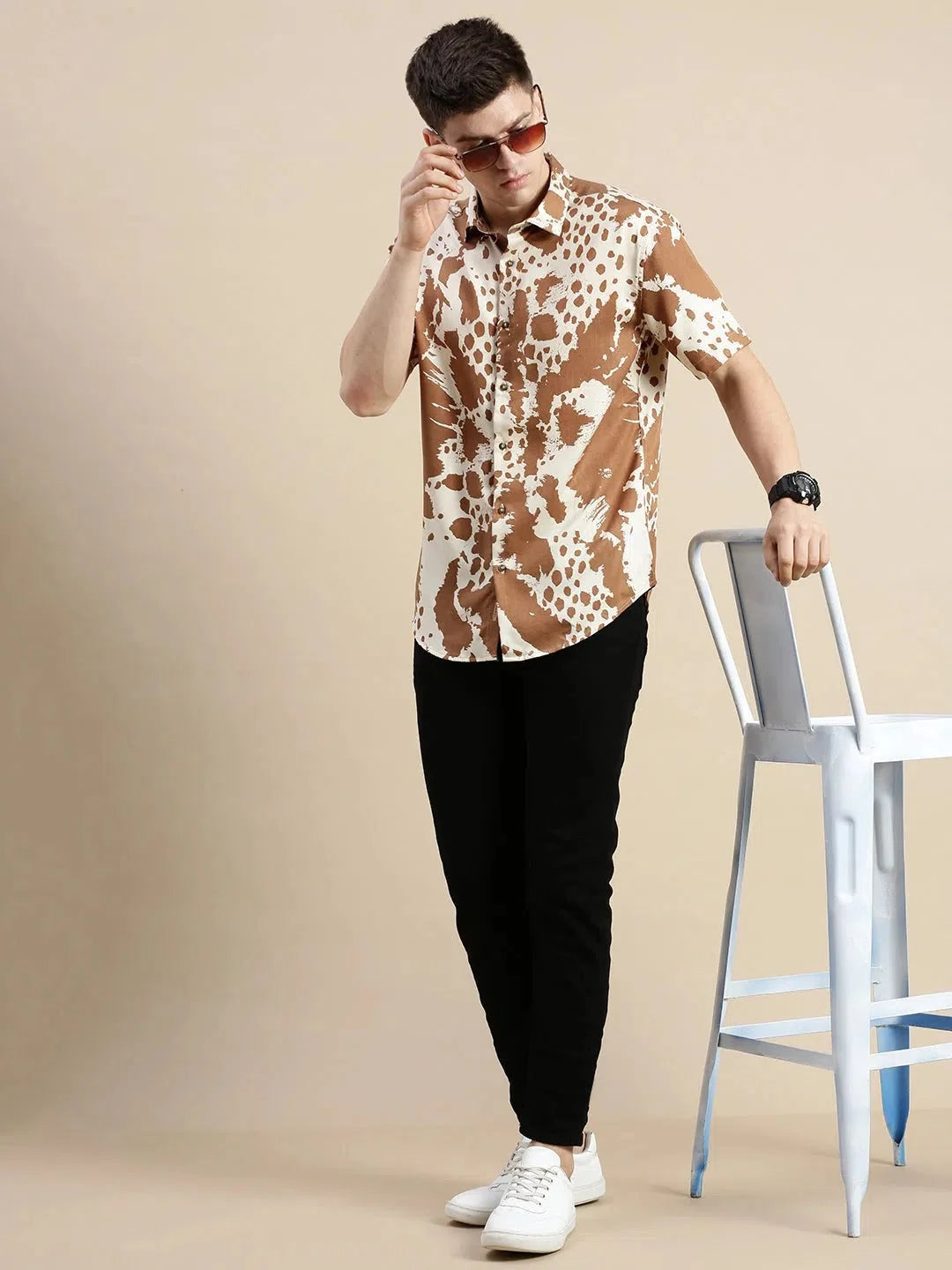 Cream Graphics Cotton Mens Shirt - Abstract Print Design