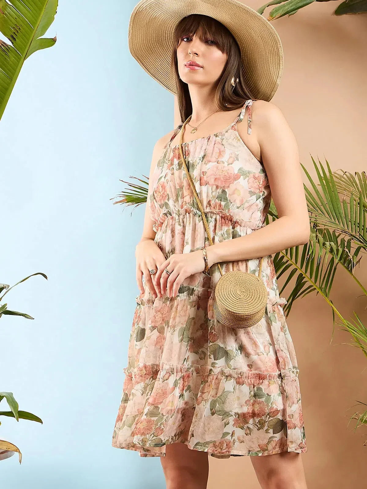 White Floral Strappy Short Dress - Women's Georgette Fit & Flare