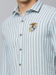 Men Green Striped Casual Shirt-NEOCHECKS-5178-Seagreen