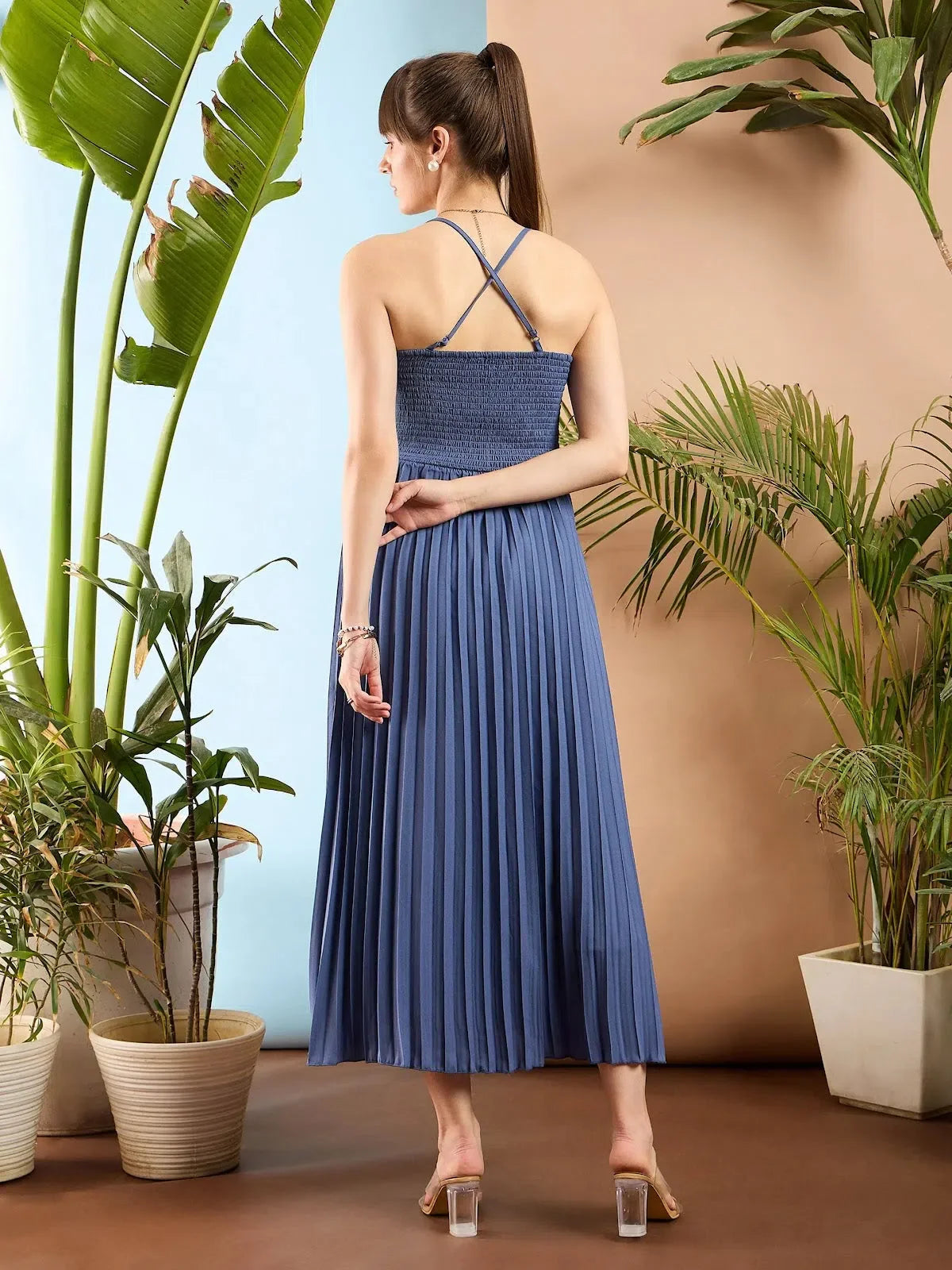 Blue Pleated Maxi Dress | Women's Strappy Designer Lehenga Style