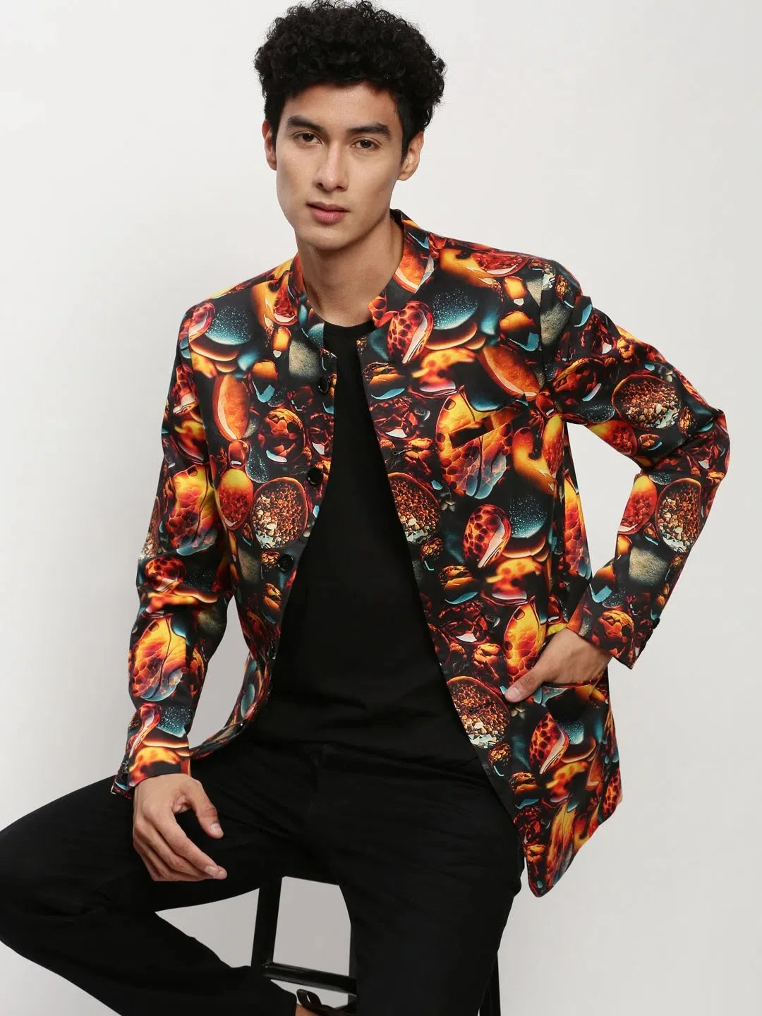 Men Orange Printed Casual Blazers-SOBLZ-083-5-Orange