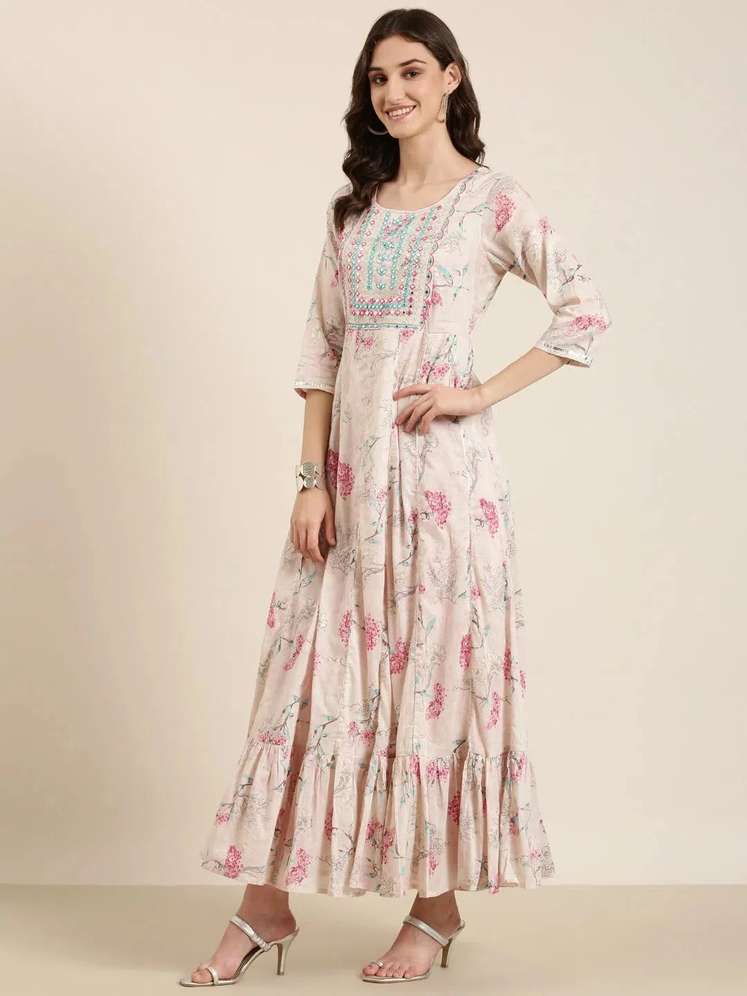 Beige Floral Anarkali Kurti for Women | Stylish Anarkali Suits
