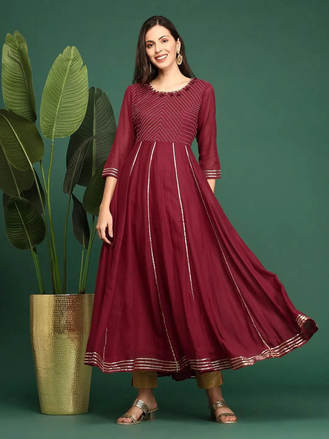 Maroon Solid Cotton A-Line Kurta | Women's Indian Kurta Online