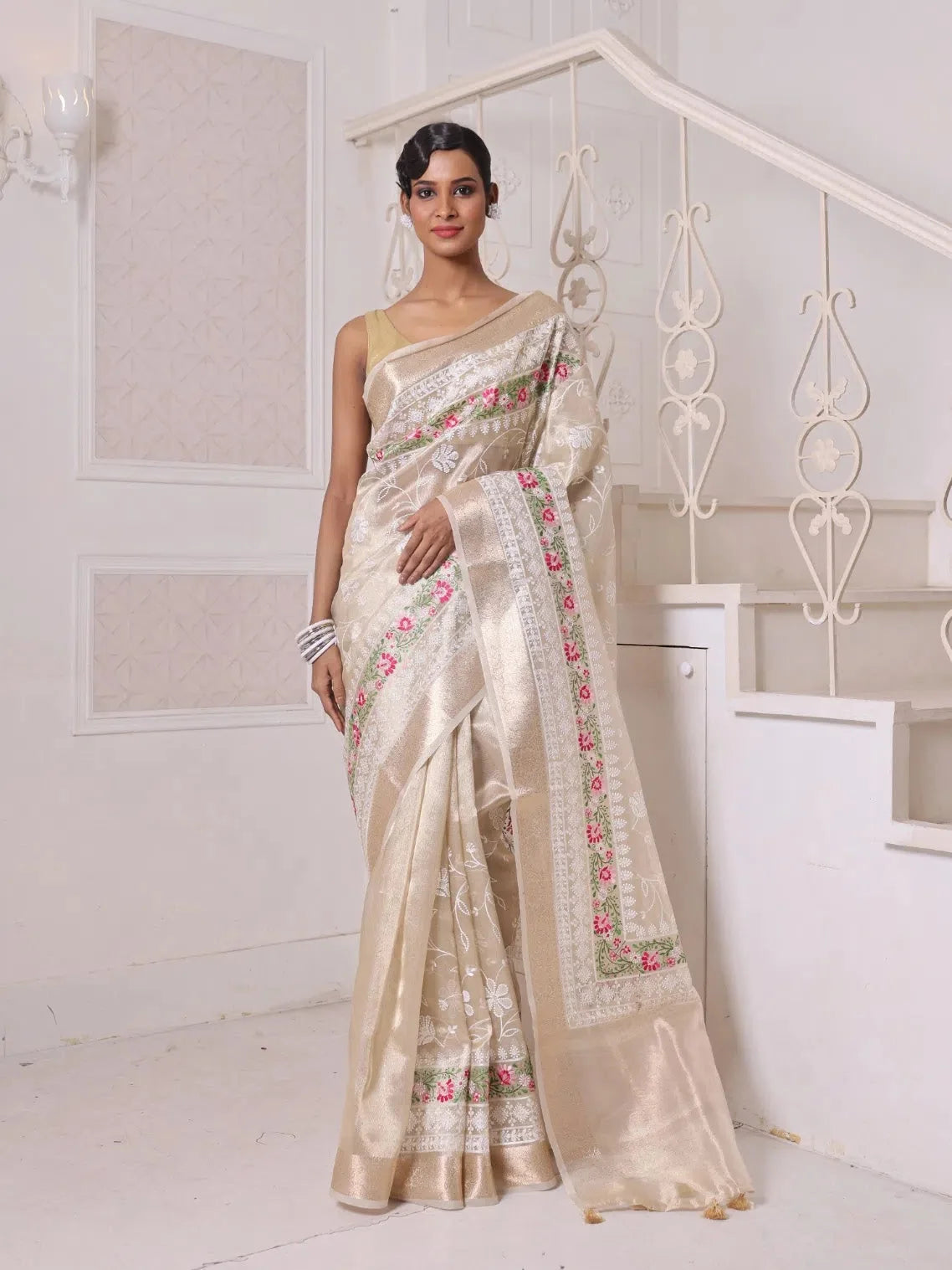 Embroidered Beige Tissue Cotton Saree | Indian Sarees