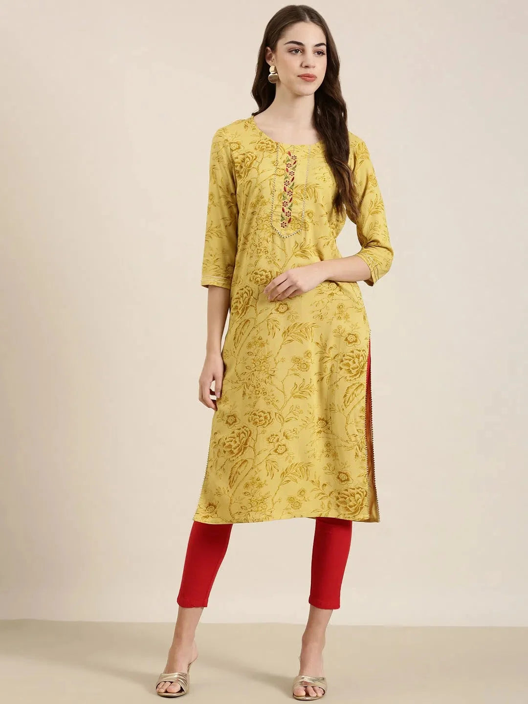 Mustard Floral Kurta for Women | Cotton Indian Kurtis Design