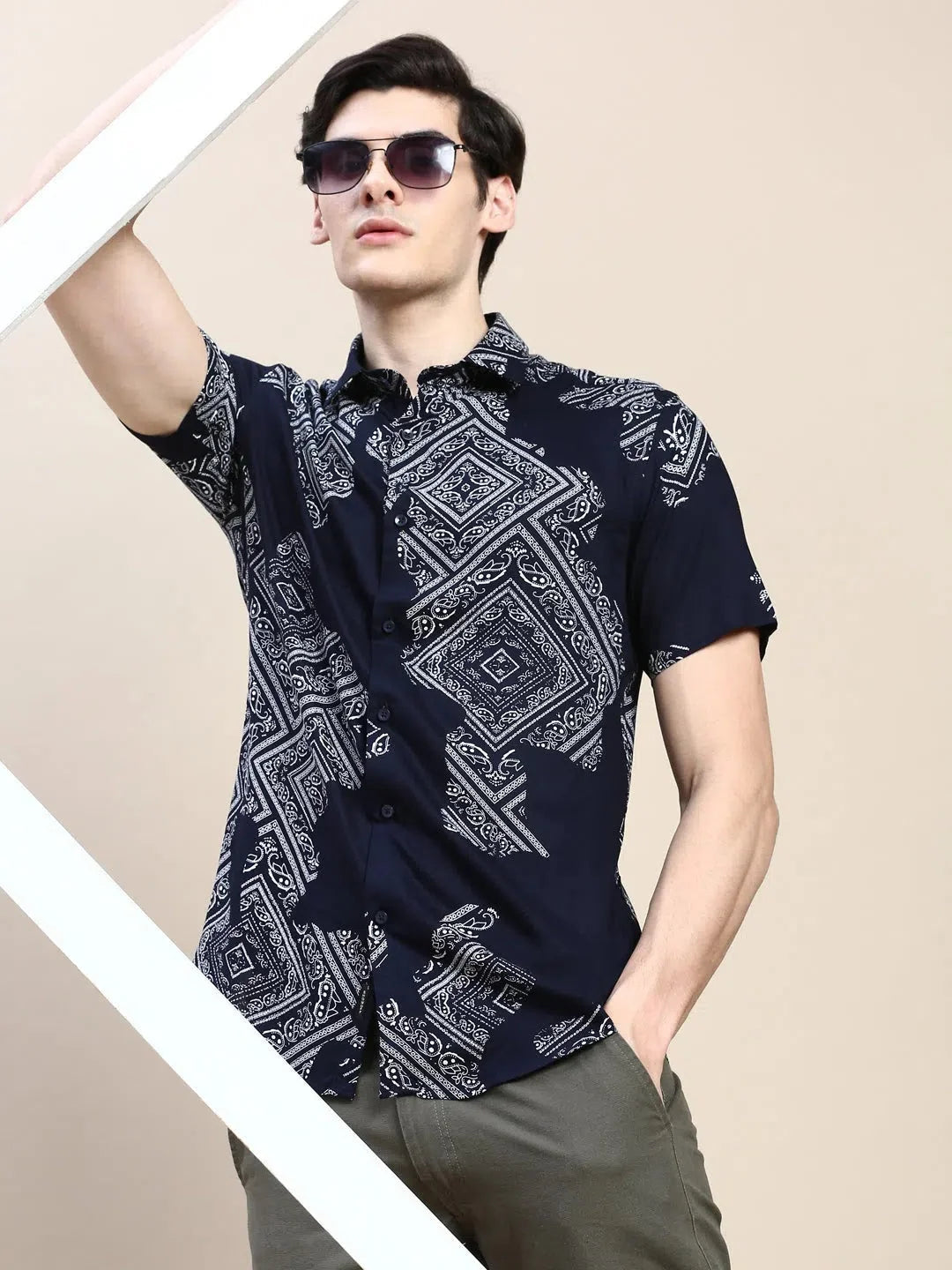 Men's Navy Printed Cotton Shirt - Stylish Casual Mens Shirt