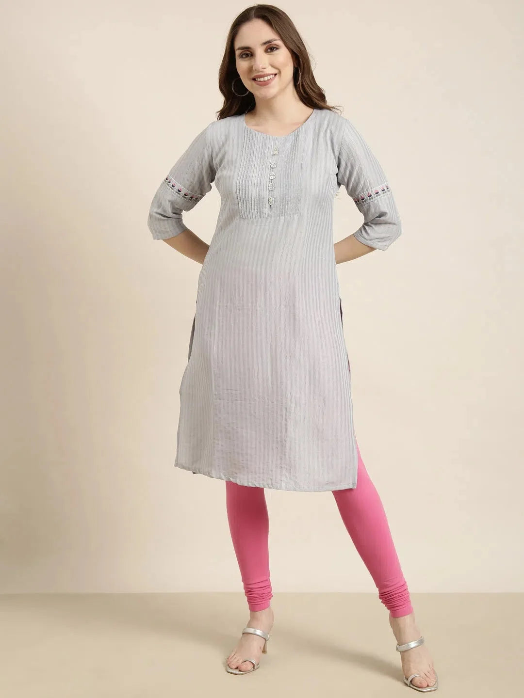 Grey Striped Cotton Kurta for Women | Stylish Indian Kurtas
