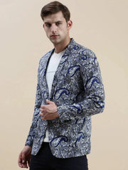 Men Blue Printed Notched Lapel Blazer-SOBLZ-70-01-Blue