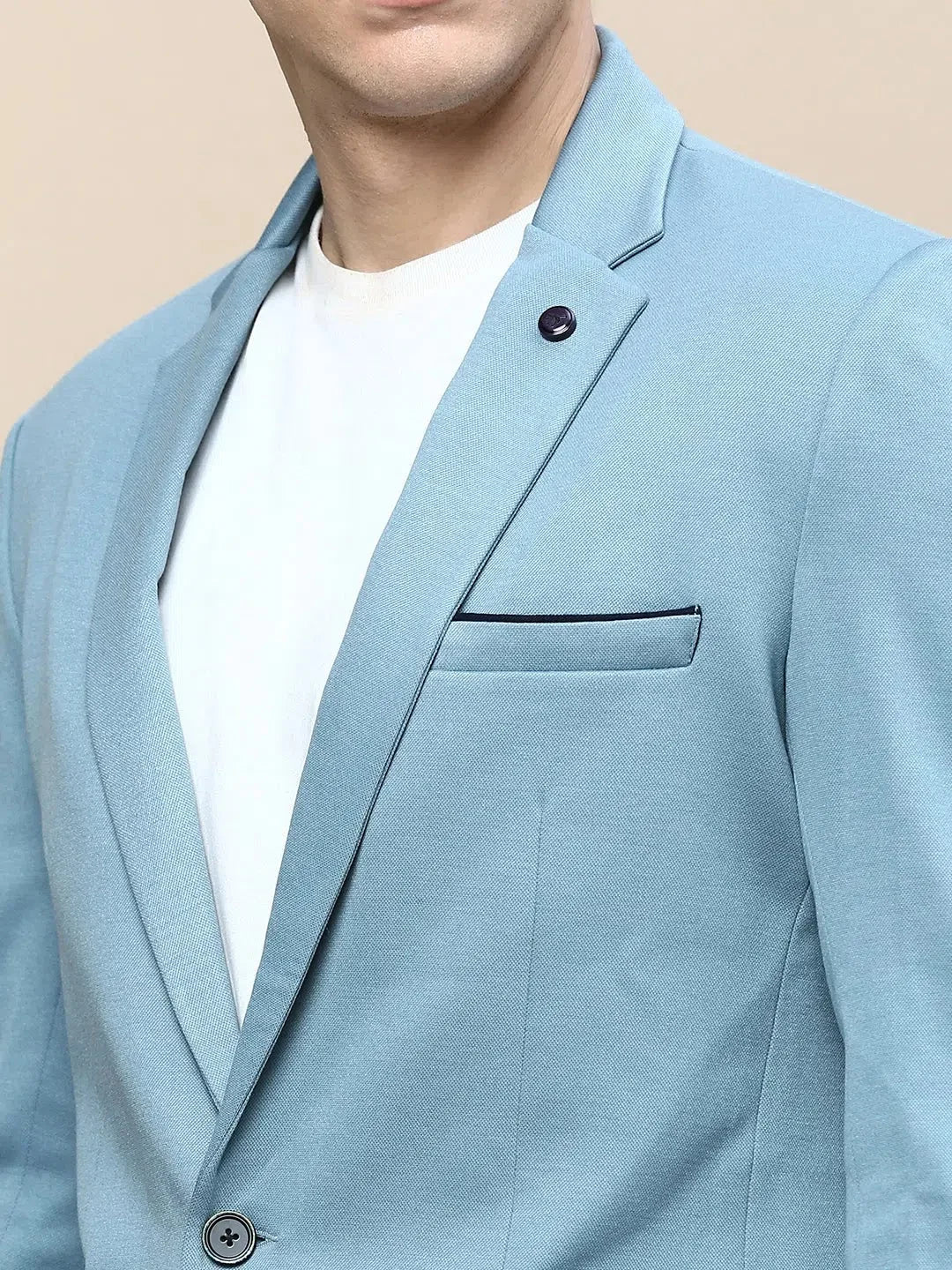 Blue Solid Casual Blazer | Men's Nehru Collar Jacket-DesiQlo