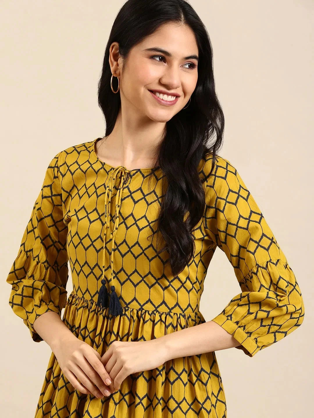 Mustard Printed Cotton A-Line Kurta | Indian Kurta for Women