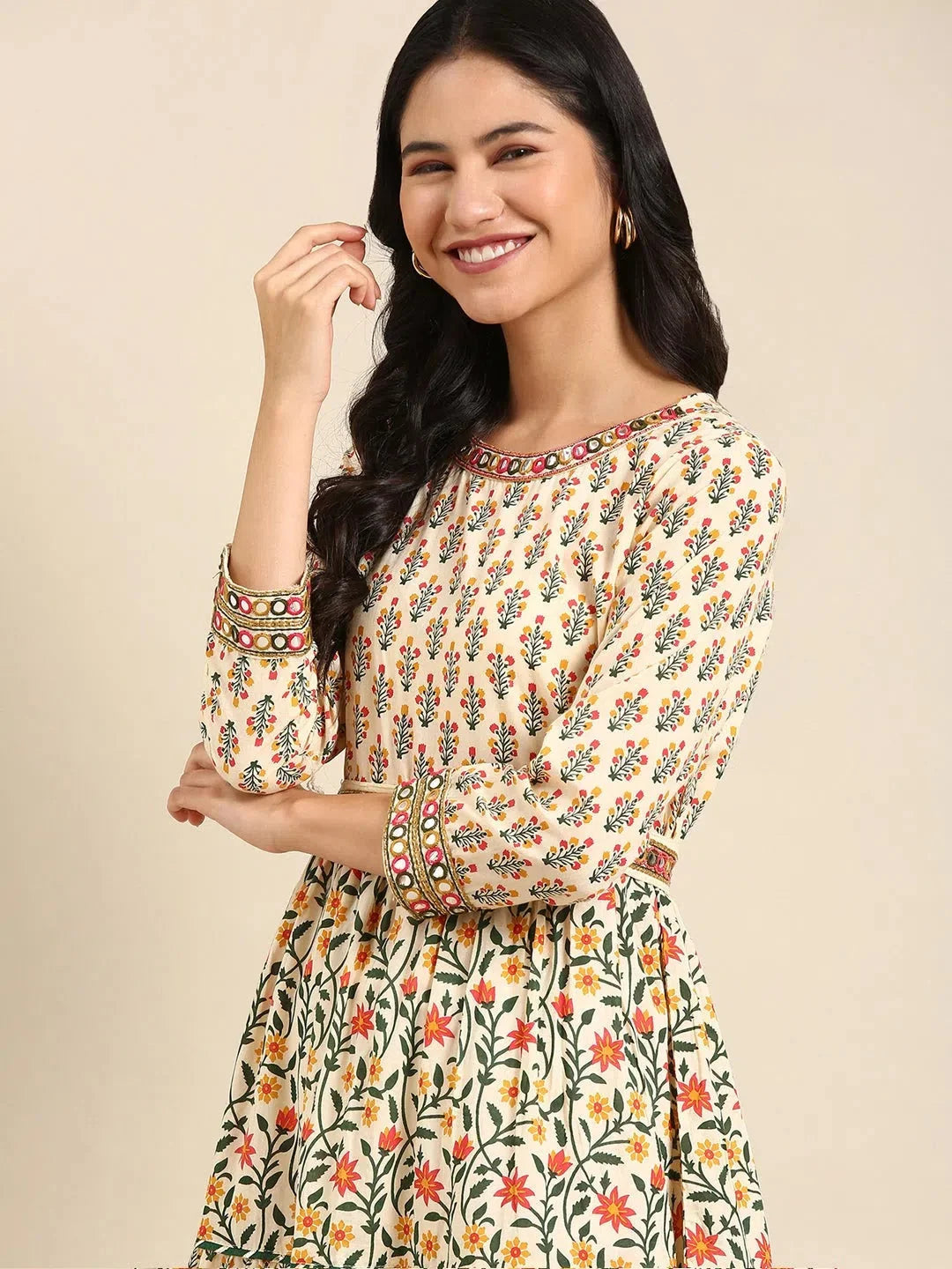 Beige Printed Anarkali Kurta - Women's Cotton Anarkali Dress