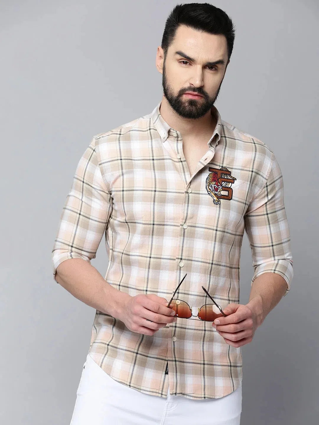 Men's Beige Checked Casual Cotton Shirt - DesiQlo Mens Shirt