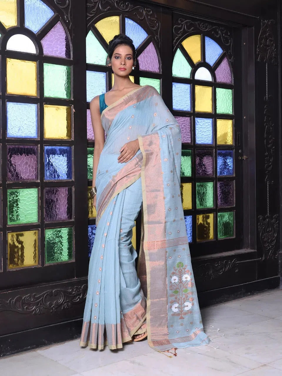 Sea Green Cotton Ikat Saree With Ganga Jamuna Border-MA66BCT431380077