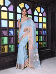Sea Green Cotton Ikat Saree With Ganga Jamuna Border-MA66BCT431380077