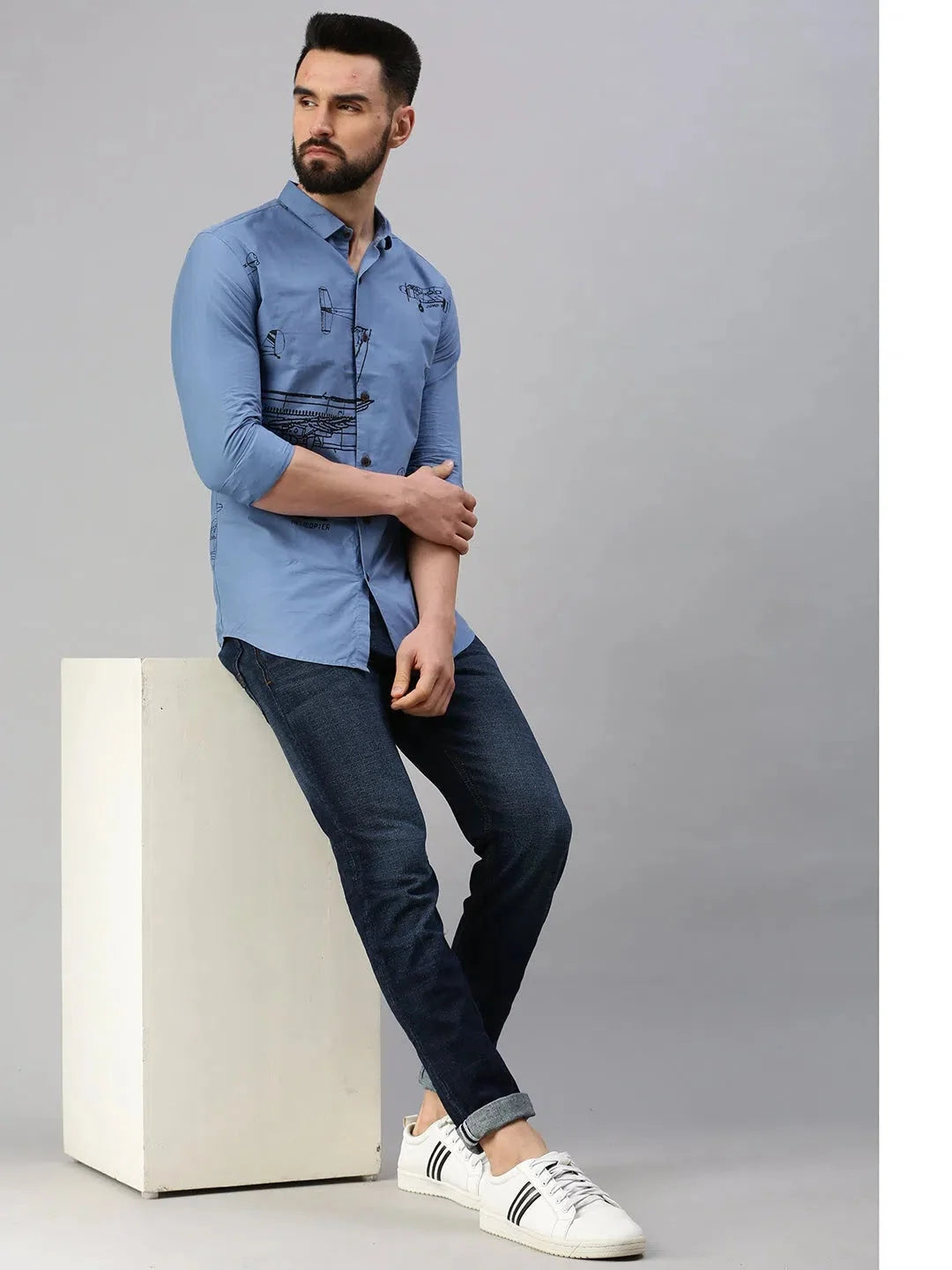 Blue Printed Cotton Mens Shirt - Stylish Casual DesiQlo Shirt