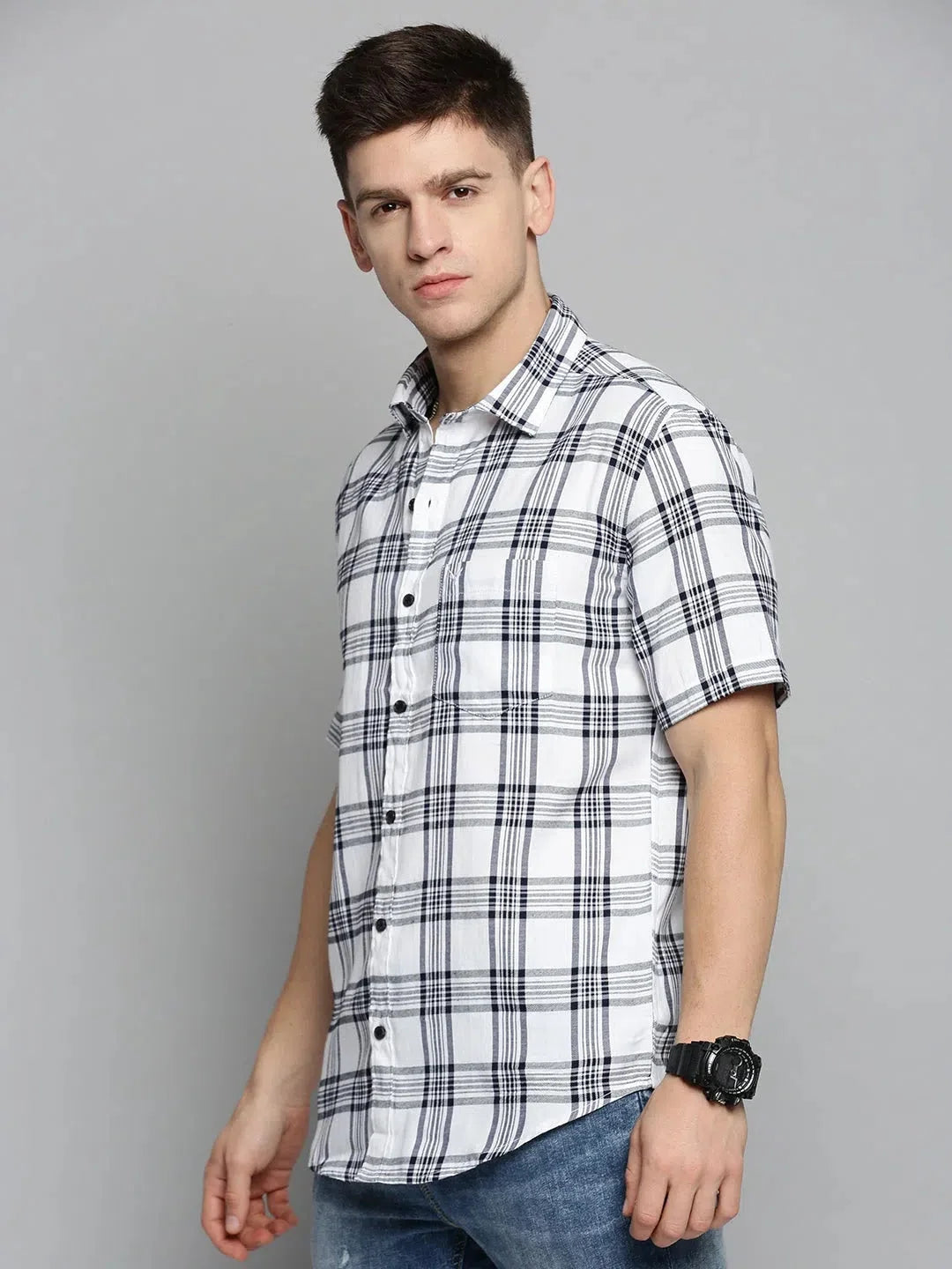 Mens White Checked Cotton Shirt | Casual & Stylish