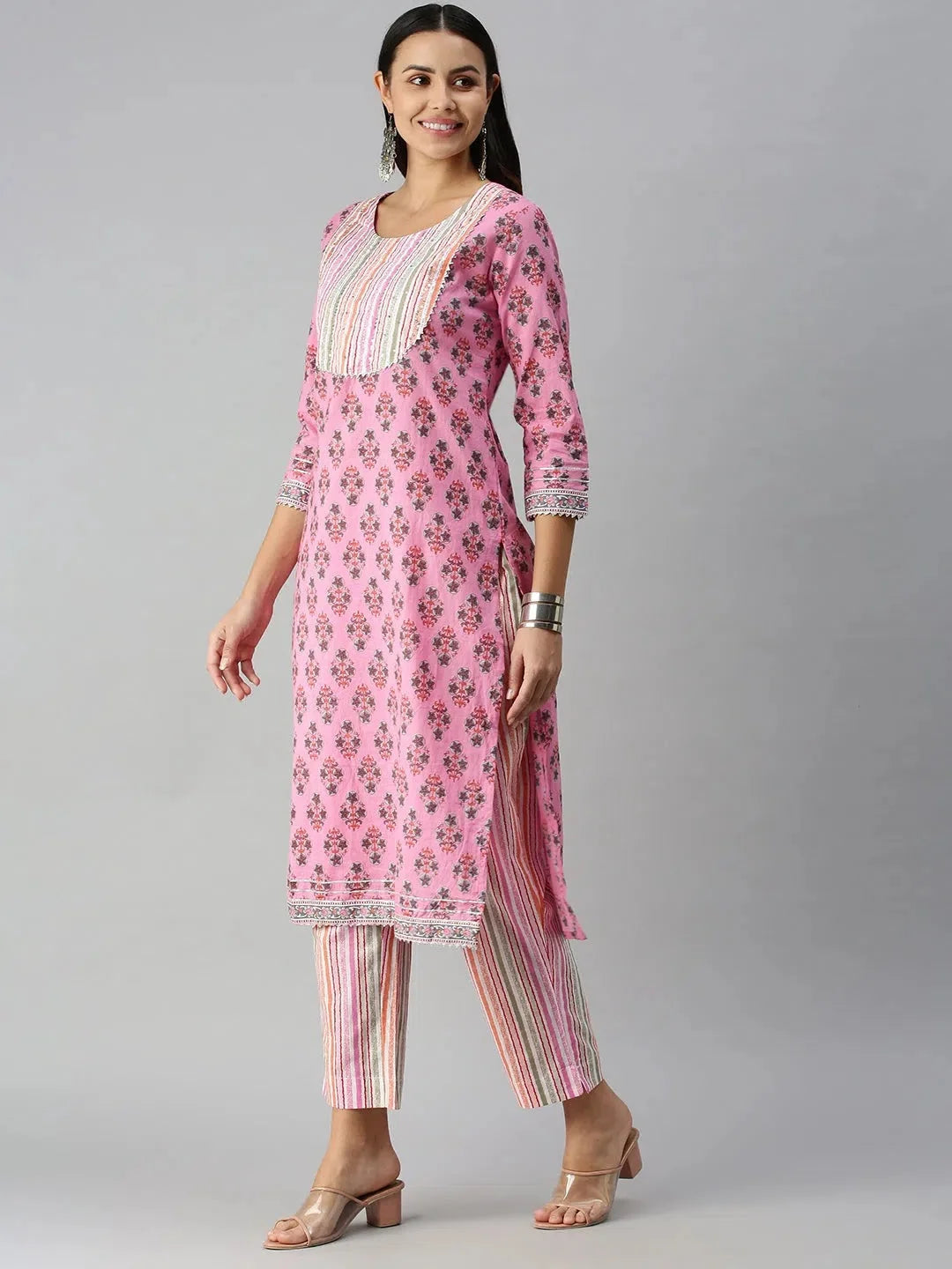 Pink Striped Cotton Indian Kurta Sets for Women | Showoff