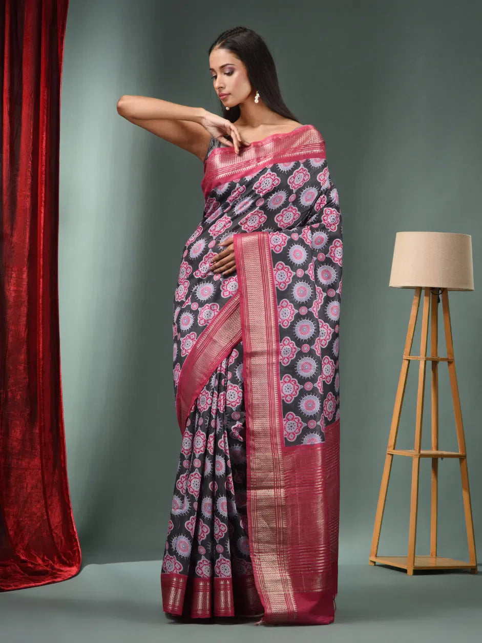 Charcoal Ajrakh Print Saree | Indian Sarees & Designer Styles