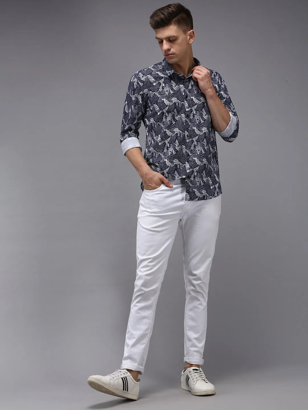 Men's Navy Printed Shirt - Cotton Casual Shirt | DesiQlo