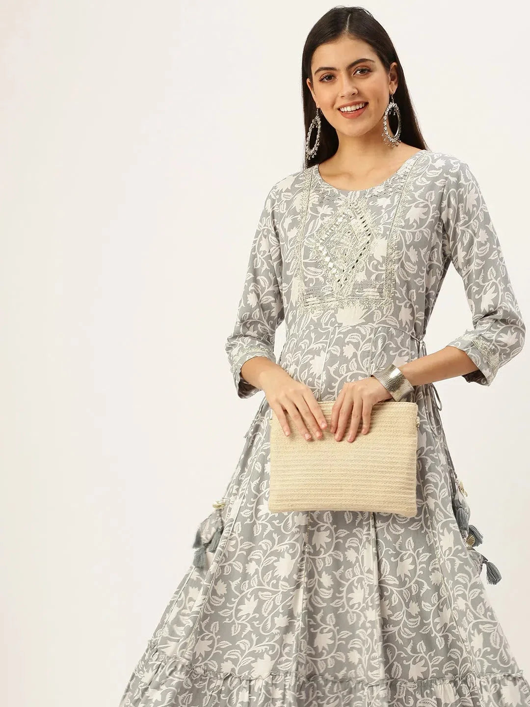Grey Printed Anarkali Kurta - Women's Cotton Kurti for Daily Wear