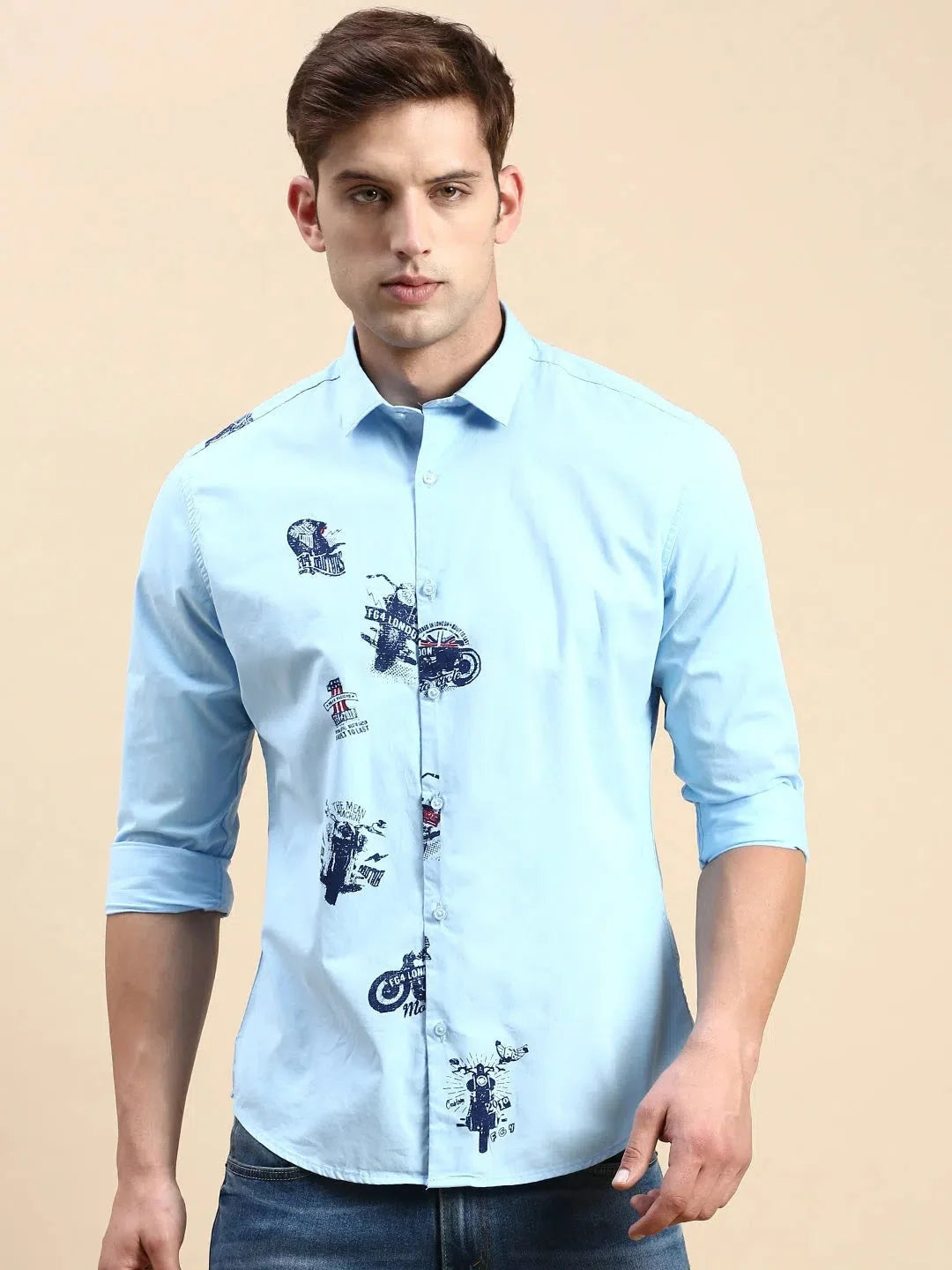 Men's Blue Printed Cotton Shirt - Casual Mens Shirt by DesiQlo
