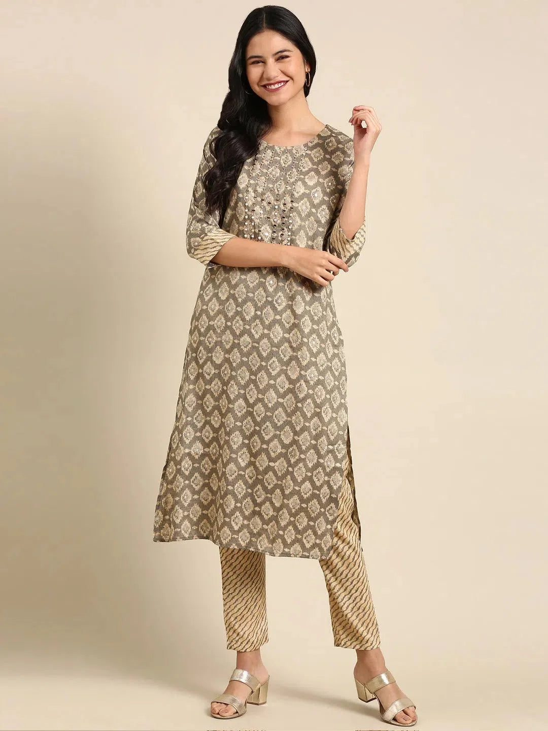 Grey Printed Women's Kurta Sets | Cotton Designer Kurta