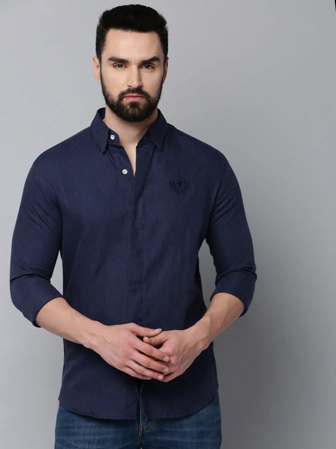 Navy Cotton Mens Shirt - Solid Casual Shirt by DesiQlo
