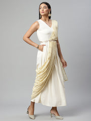 Off White Georgette Saree Dress With Printed Pallu-AHDRCRGRFP-954