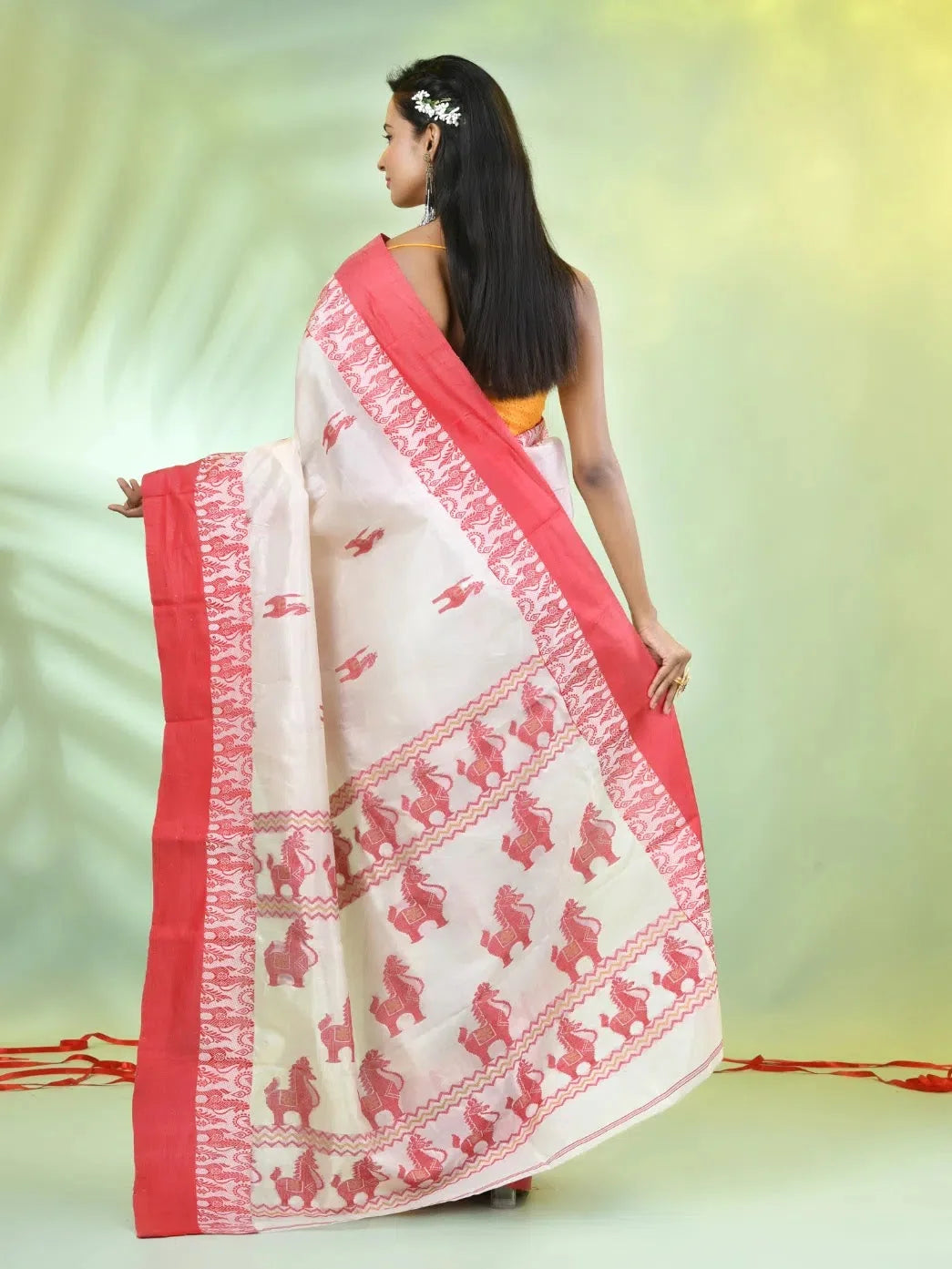 Off White Tussar Silk Saree - Indian Sarees & Horse Motifs