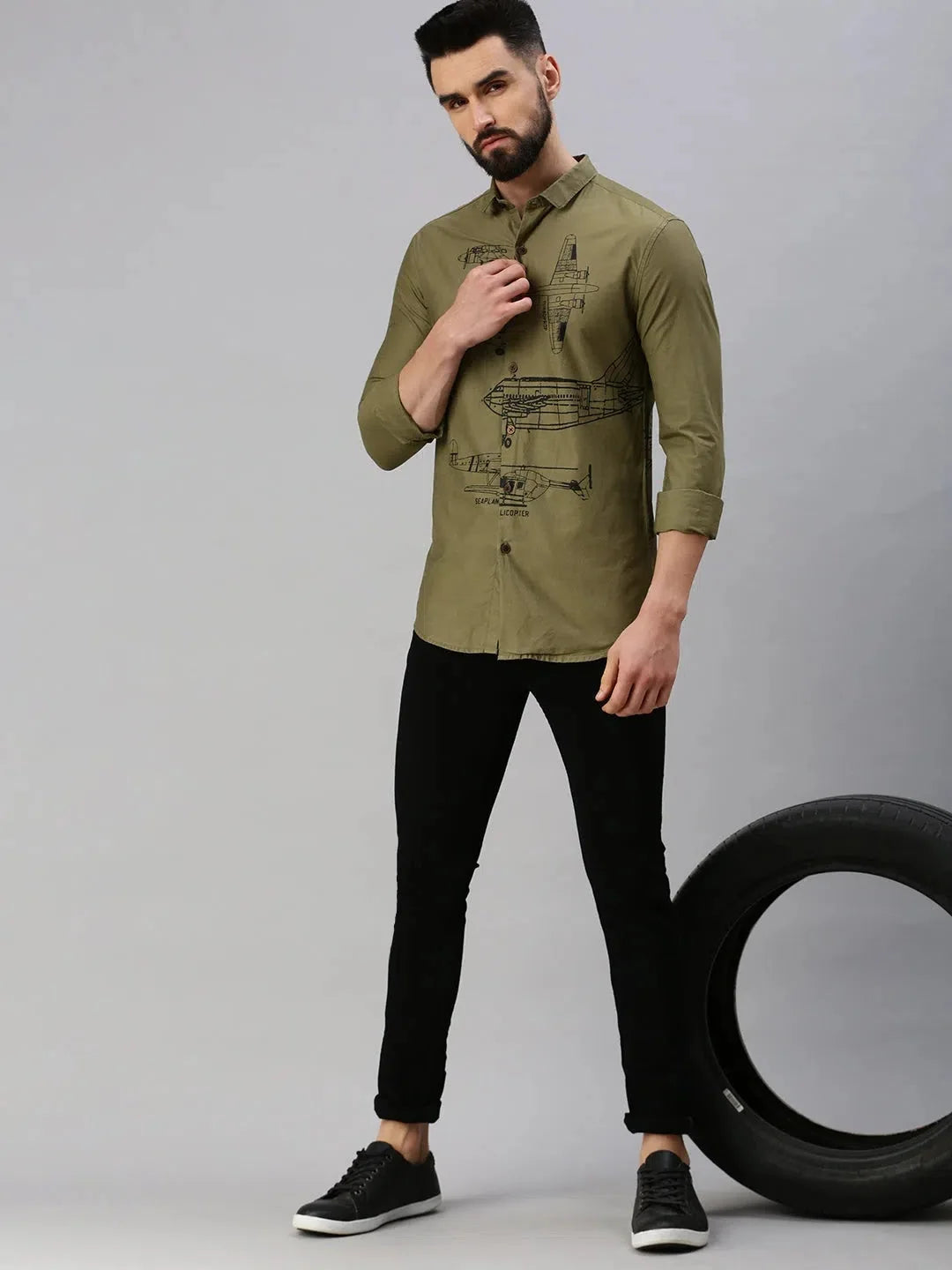 Olive Printed Shirt for Men - Casual Cotton Shirt | DesiQlo