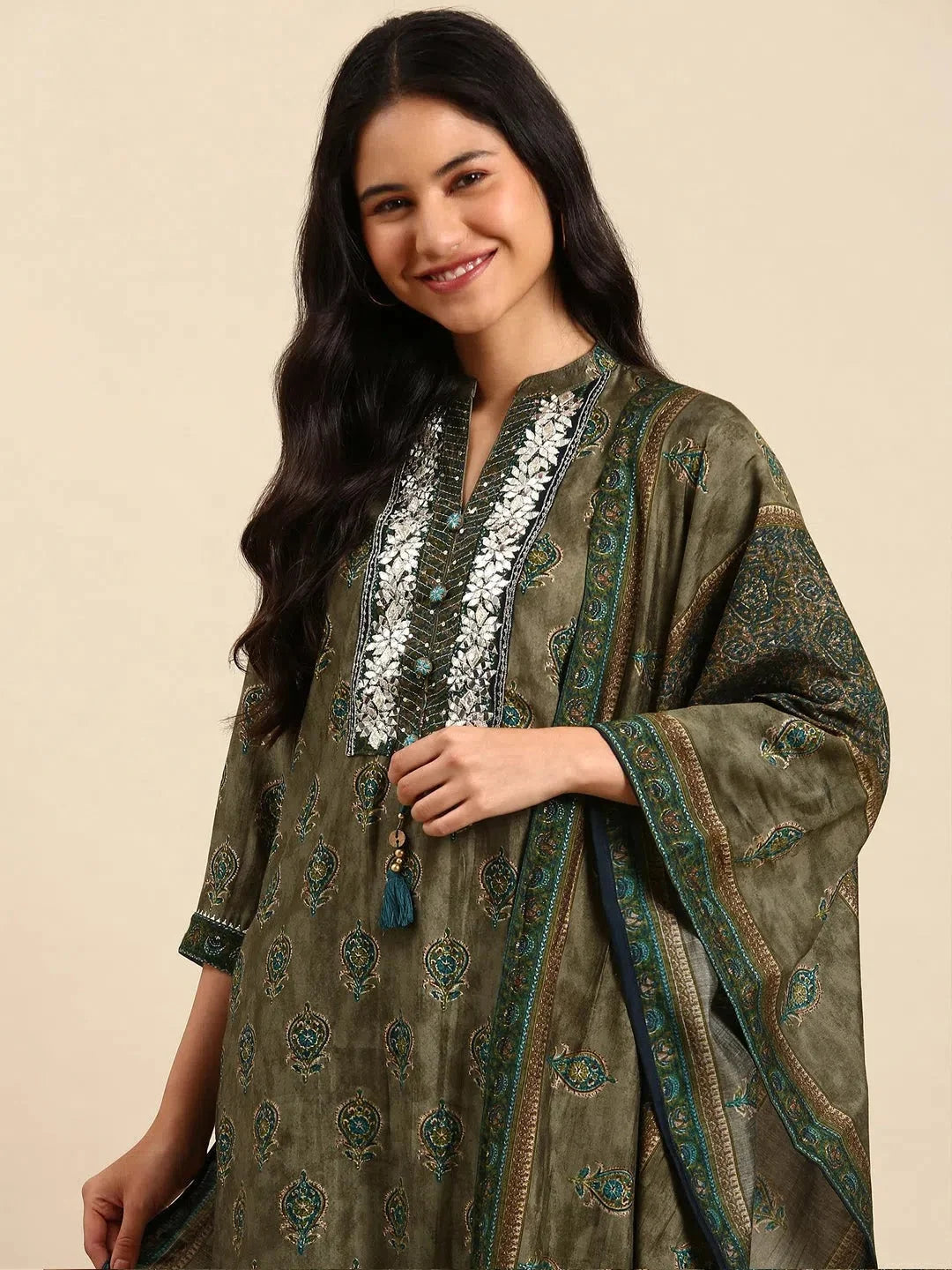 Olive Ethnic Motif Women's Kurta Set | Designer Kurta Sets