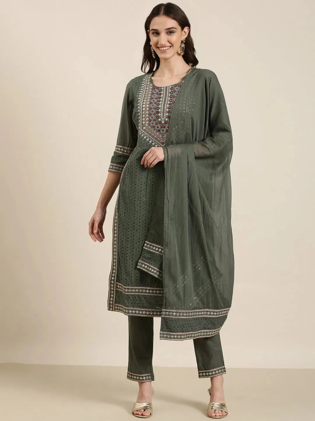 Olive Solid Cotton Kurta Sets | Women's Indian Kurta Sets