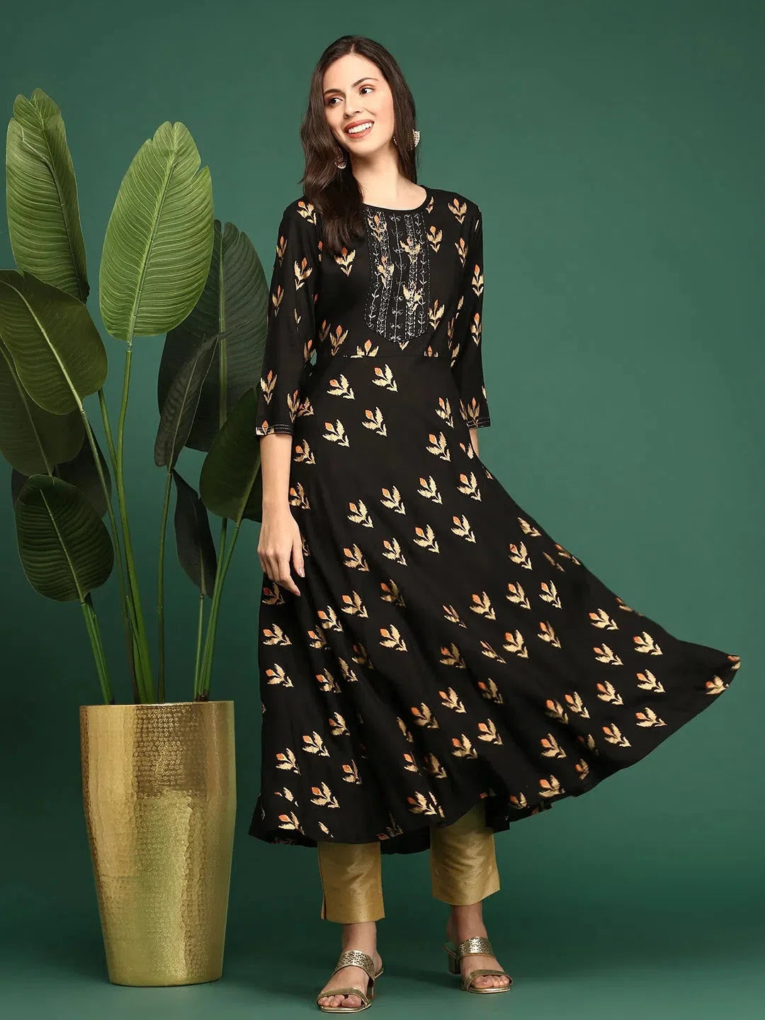 Coffee Brown Printed Cotton A-Line Indian Kurtis for Ladies