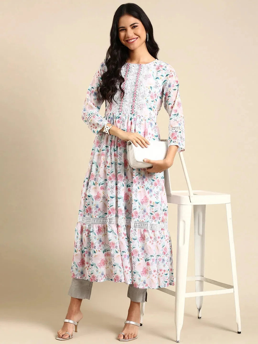 White Embellished Anarkali Kurta | Women's Anarkali Gown-DesiQlo