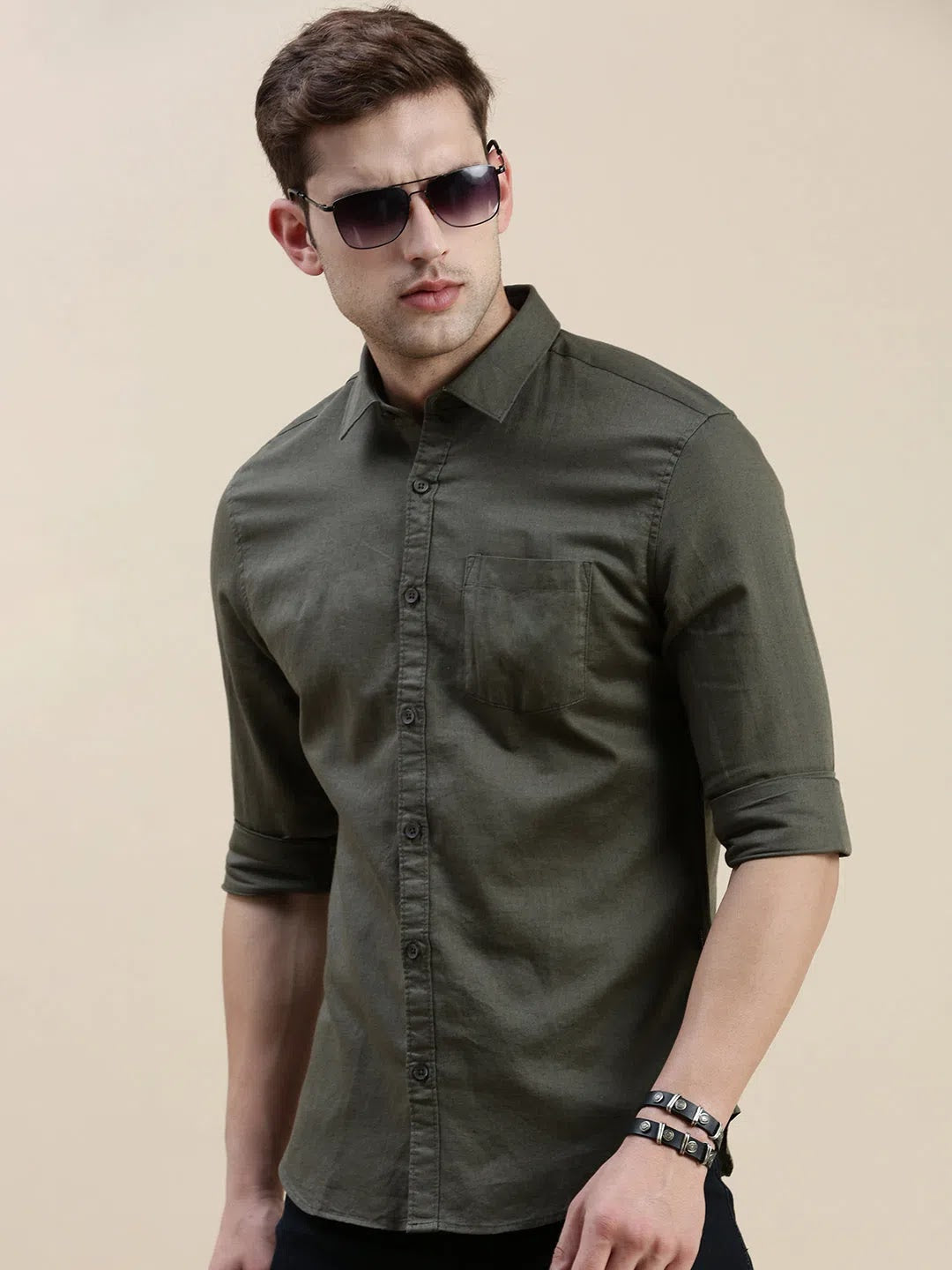 Men's Green Cotton Shirt | Solid Color Casual Shirts
