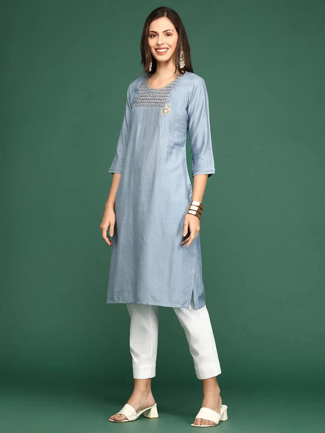 Blue Embellished Cotton Short Kurti for Women | DesiQlo