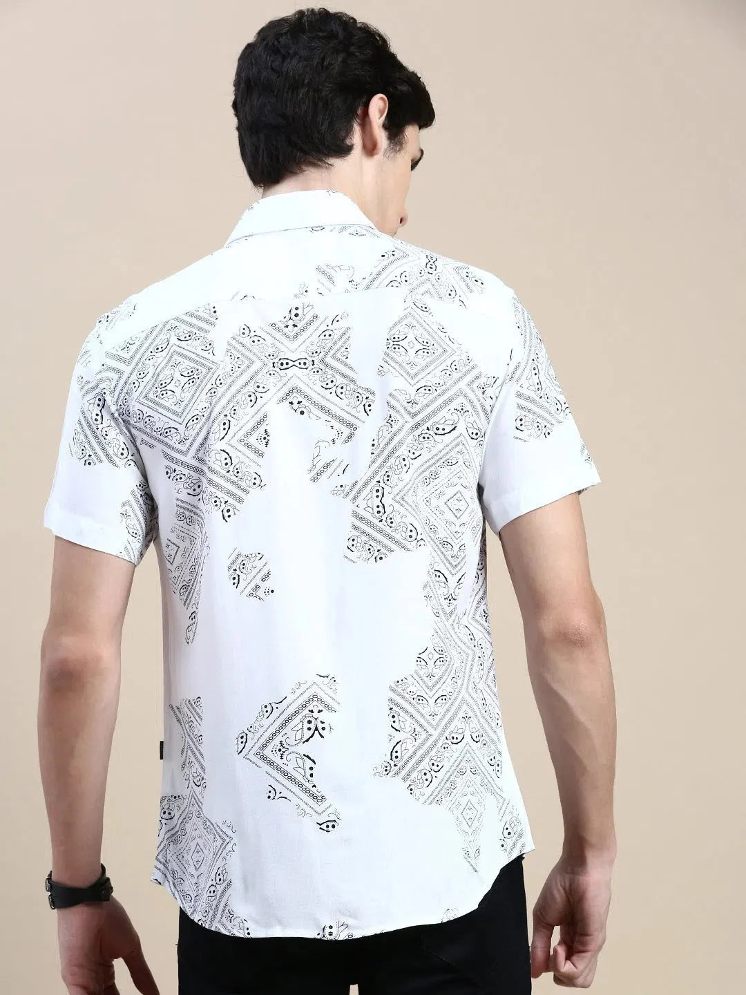White Printed Mens Shirt - Ethnic Motifs Cotton Shirt | DesiQlo