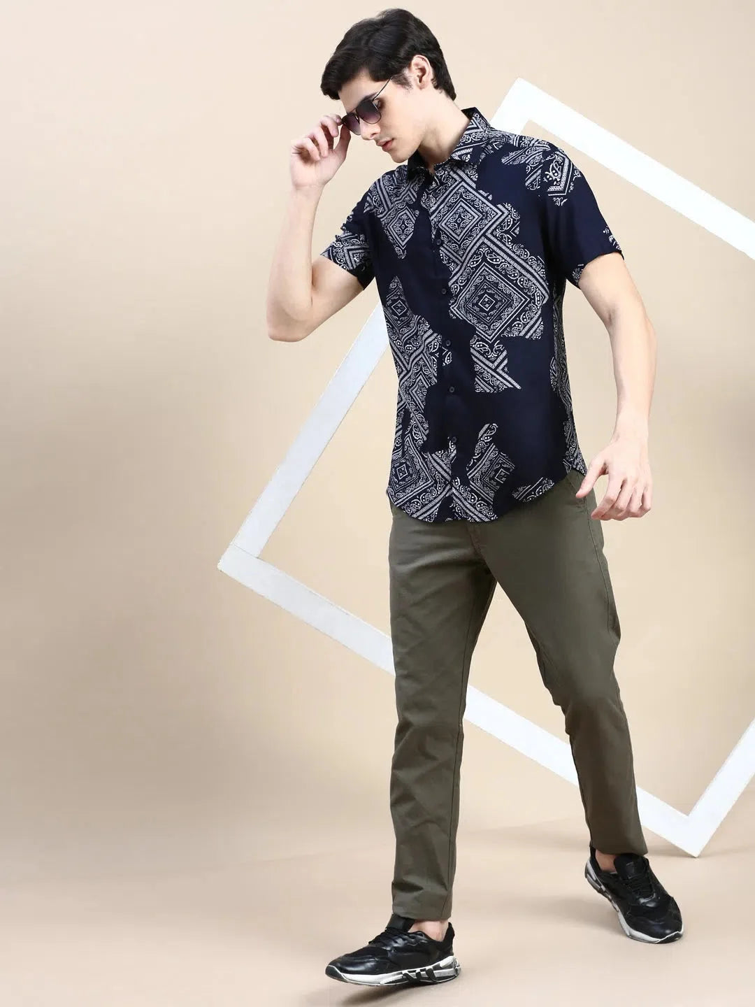 Men's Navy Printed Cotton Shirt - Stylish Casual Mens Shirt