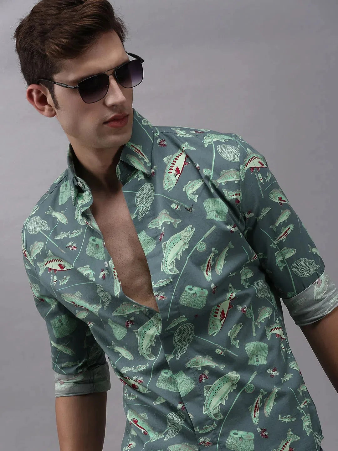 Green Printed Cotton Mens Shirt - Casual Style | DesiQlo