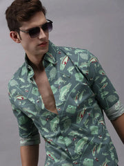 Men Green Printed Casual Shirt-PERRYPRINT-1851-Seagreen
